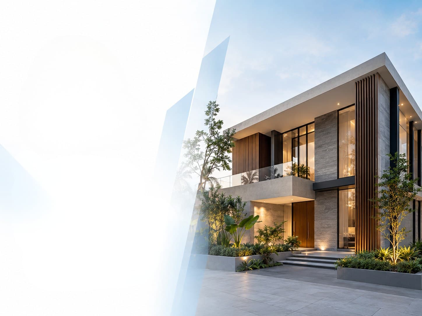 Contemporary villa of concrete, glass and timber at dusk, with landscaped entrance (illustrative image from the United Builders company profile)